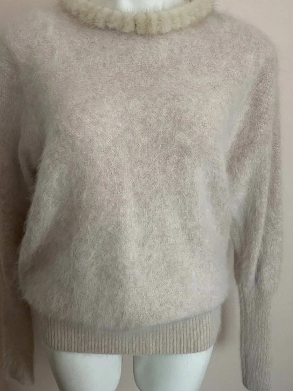 Soft Angora Fuzzy Sweater detailed neckline in Off-White